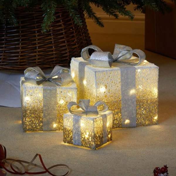 Samuel Alexander Set of 3 Battery Operated Gold Sparkly Christmas Gift Boxes with LEDs