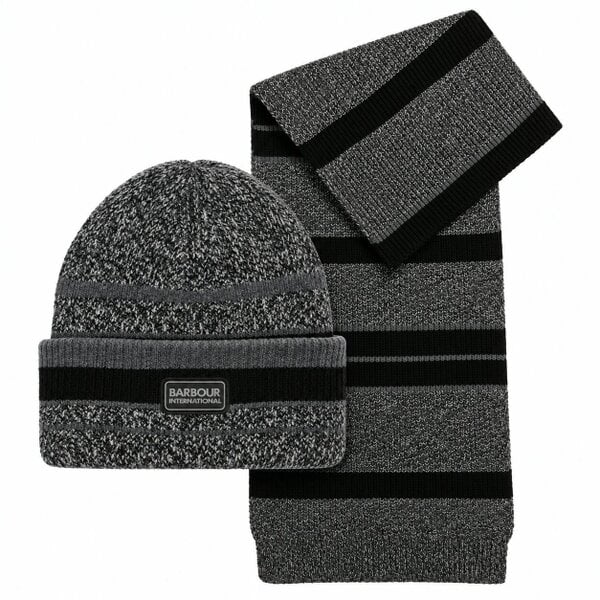 Barbour International Boston Beanie Hat & Scarf Gift Box Set Black/Grey