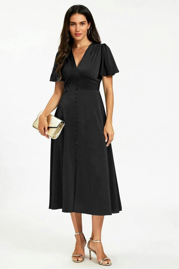 FS Collection Satin V neckline Button Detail Dress In Black
