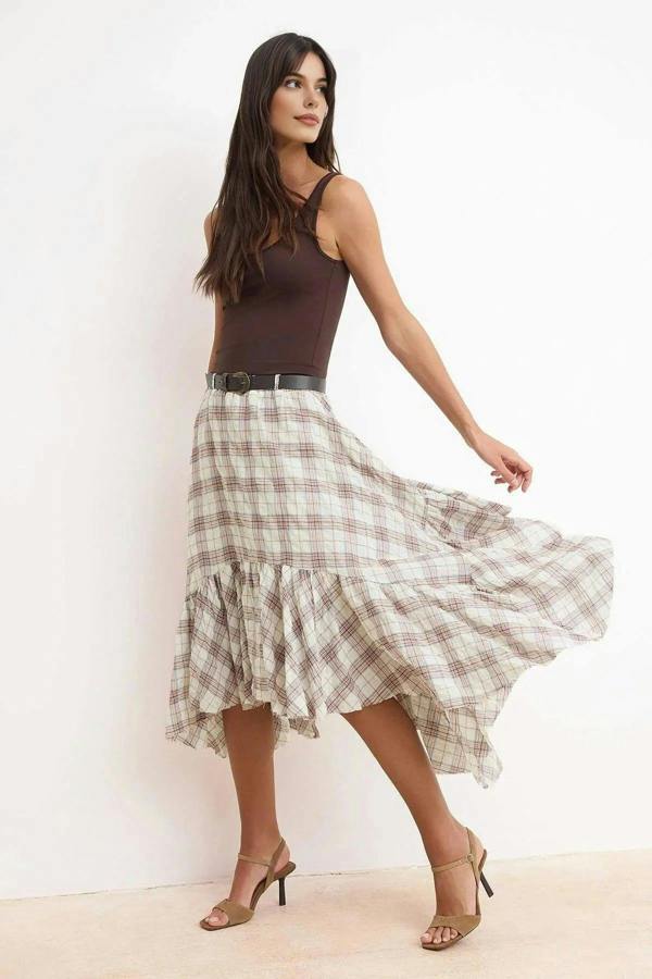 WOVCOR Stone Plaid Belted 100% Cotton Fluffy Midi Skirt