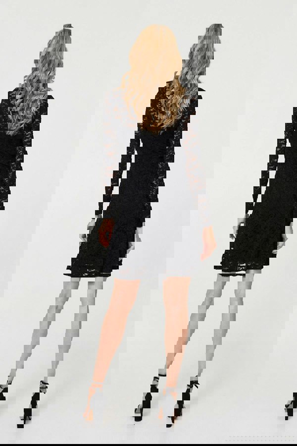 Black | Lace Layer Long Sleeve Mini Shirt Dress
