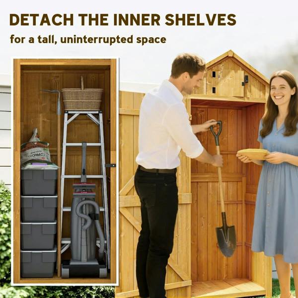 Brown wooden outdoor storage shed showing detachable inner shelves for tall items