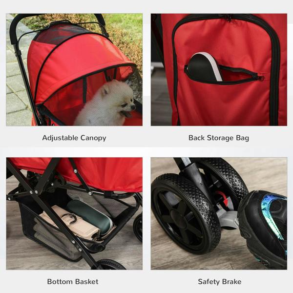 Red pet stroller features: adjustable canopy, back storage bag, bottom basket, safety brake.