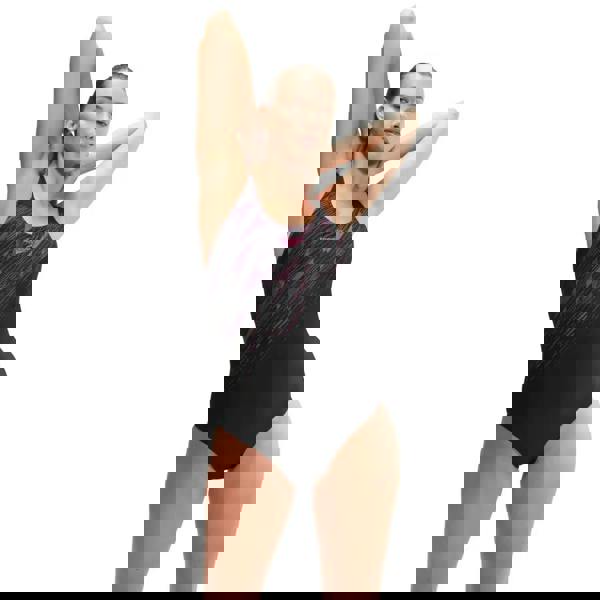 Speedo Hyperboom Placement Muscleback Swimsuit in black and purple geometric pattern