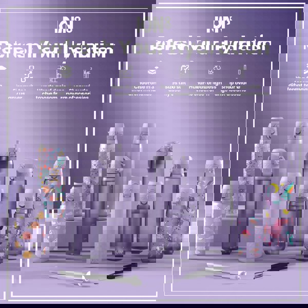 Several water bottles, in various sizes and designs, are displayed on a lavender surface. They are shown alongside accessories and text advertising material choices, sizing, designs and accessories. Refresh Your Hydration.