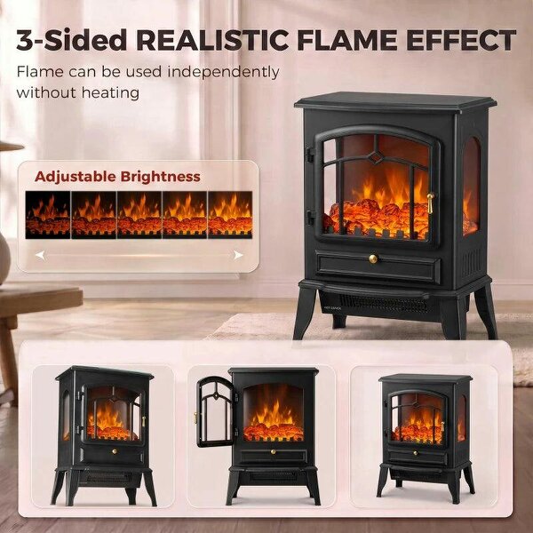 Electric Fireplace Stove, 1000/2000W 3-Sided Freestanding Fireplace Heater with 3D Flame Log, Thermostat, Black