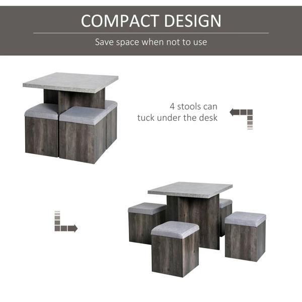 Compact dining set: grey wood-grain table with four stools tucking under and grey cushions