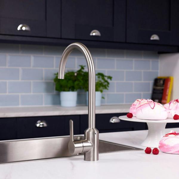 Flode Bryne | Single Lever Kitchen Sink Mixer Tap with Swivel Spout | Brushed Steel Finish