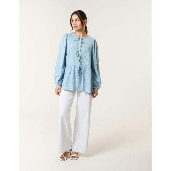Blue Vanilla Washed Tie Front Top