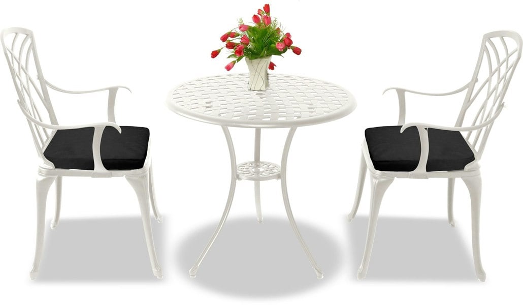 Centurion Supports OSHOWA Luxurious Garden and Patio Table and 2 Large Chairs with Armrests Cast Aluminium Bistro Set - White with Black Cushions