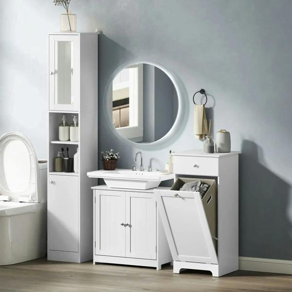 White tall bathroom cabinet with open shelves and mirrored cabinet door for storage