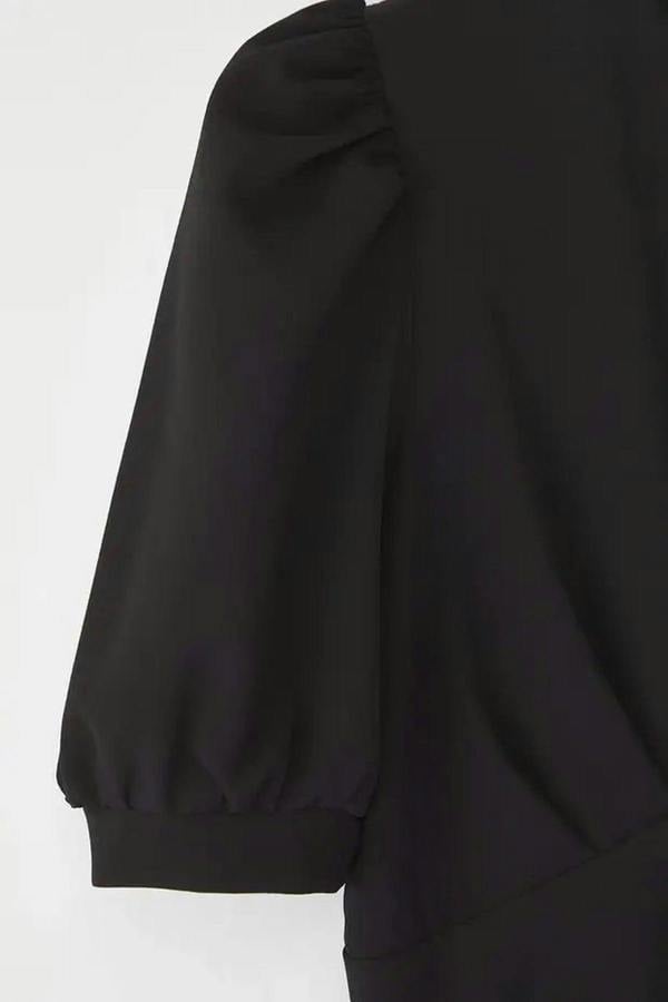 WOVCOR V-Neck Balloon Sleeve Pearl Button Midi Elegant Woven Plus Size Dress