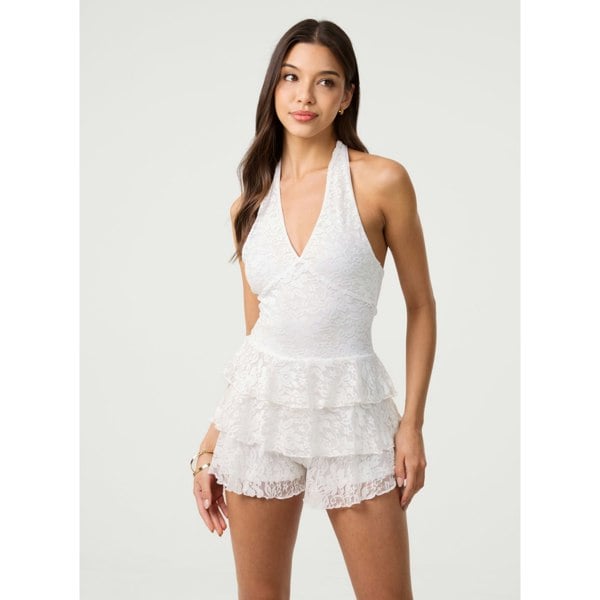 Pink Vanilla Lace Halterneck Tiered Mini Dress With Shorts