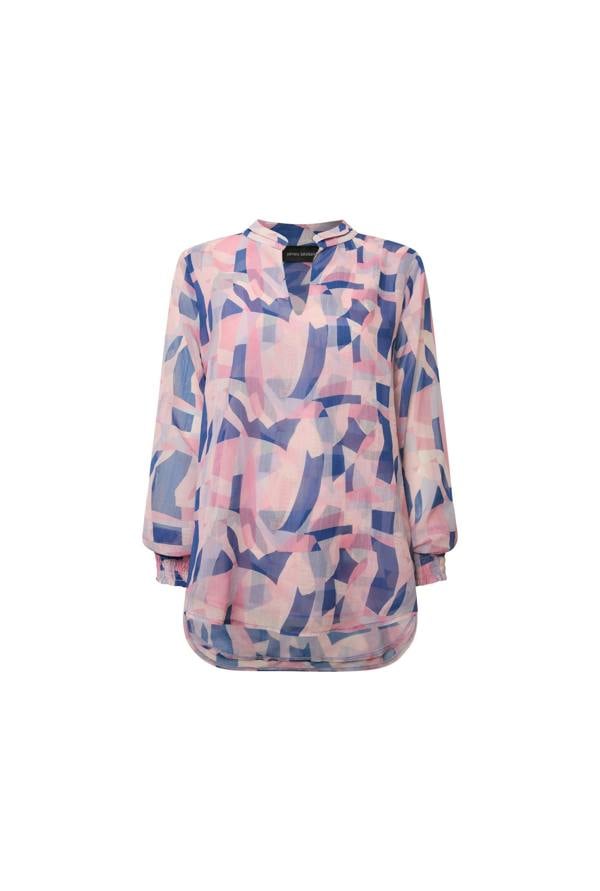 Pink mosaic print blouse on invisible mannequin front view relaxed fit long sleeves