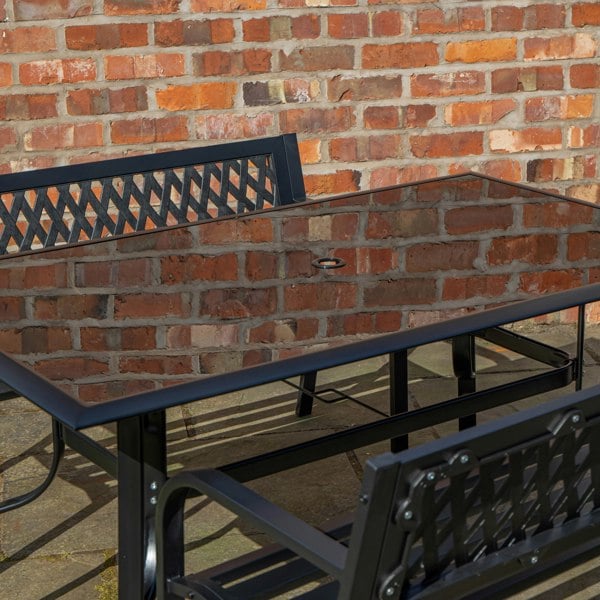 Samuel Alexander Outdoor 4 Person Rectangular Glass Top Garden Dining Table and 2 Benches Set