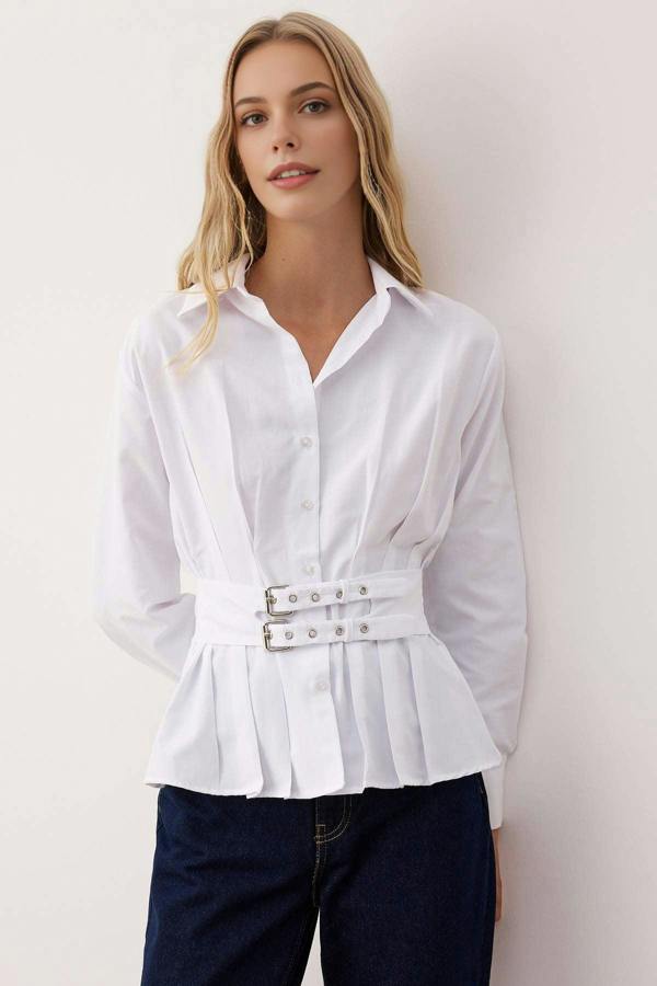 WOVCOR Belt Detail Pleated Fitted Shirt