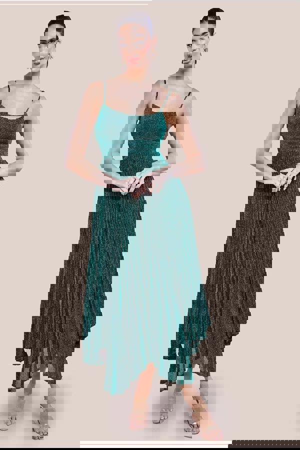 Tie Back Pleated Lurex Skater Midi Dress - Emerald DR4246
