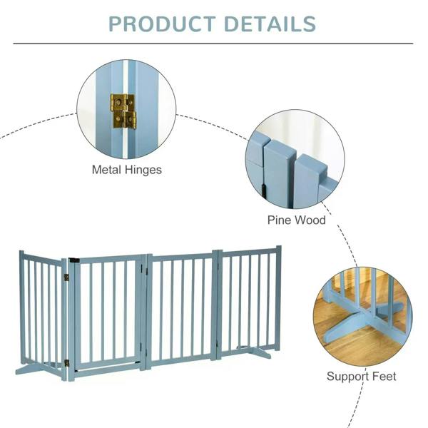 Blue dog gate barrier with metal hinges and pine support feet detail