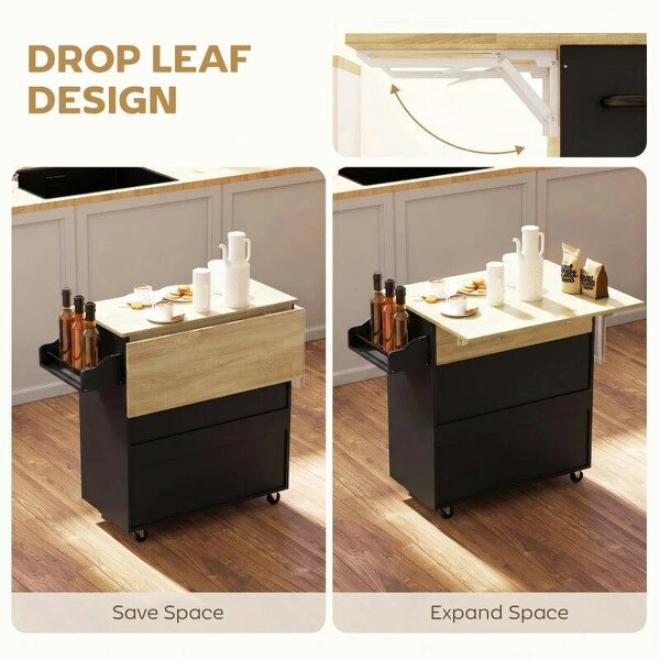 Kitchen Island with Drop Leaf, Rolling Kitchen Storage Trolley on Wheels with Drawer, Spice Rack and Towel Rack, Black