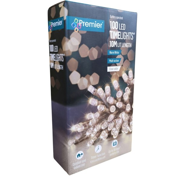 Samuel Alexander 100 LED 10m Premier Christmas Outdoor Multi Function Battery Lights with Timer & Clear Cable in Warm White
