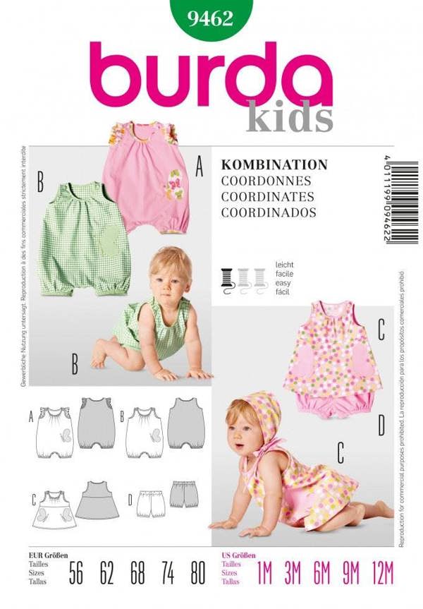 Burda Sewing Pattern 9462 Dresses and Jumpsuits For Babies, Ages: 1 Month-12 Months - Easy