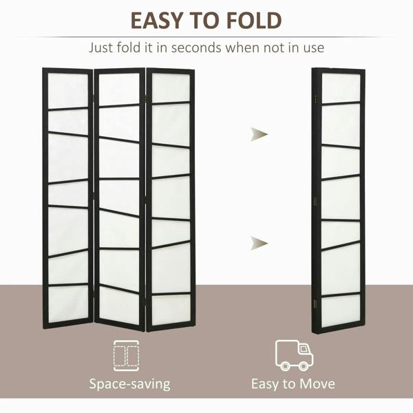 Three-panel folding privacy screen with black frame and white panels, folded for storage