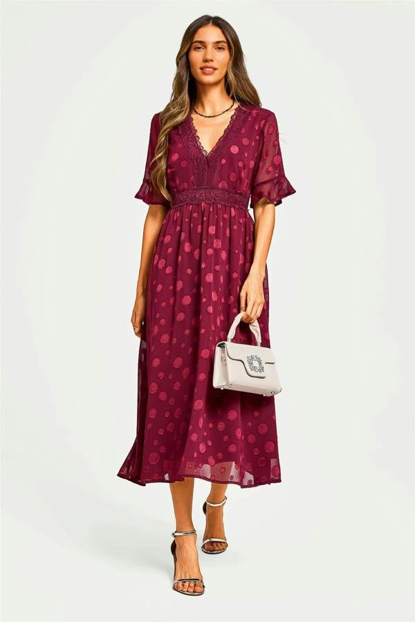 FS Collection Polka Dot Jacquard Long Sleeve Lace Trim V Neck Maxi Dress In Wine