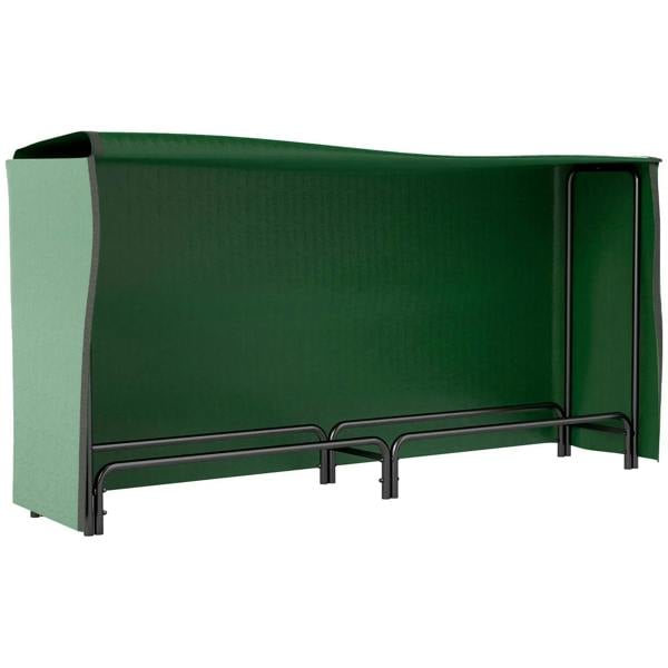 Dark green metal firewood rack with waterproof cover, raised base and open front