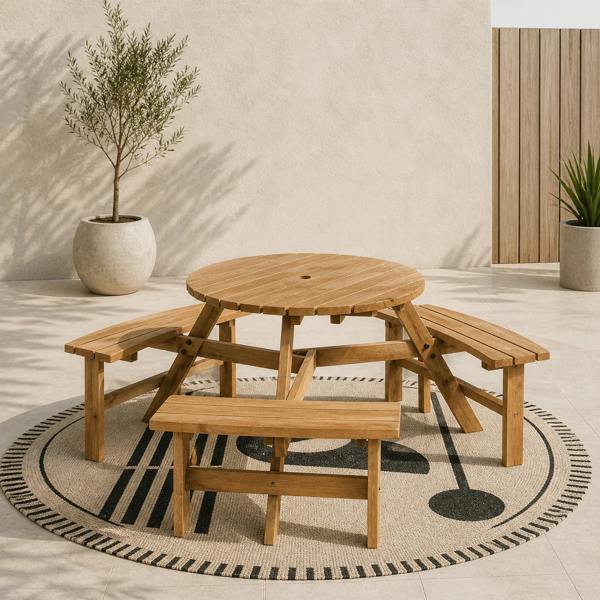 Wyld Haus Bare Wood Brown Red 6 Seater Round Picnic Table With 3 Benches And Parasol Hole