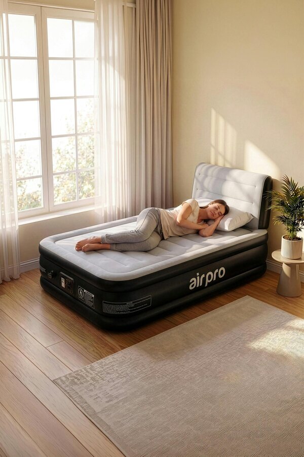 AIR PRO Inflatable Air Mattress with Headboard & Built-In Electric Pump