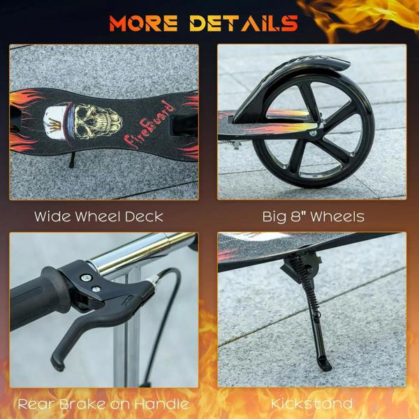 Black kick scooter details: wide deck, big wheels, rear brake, kickstand