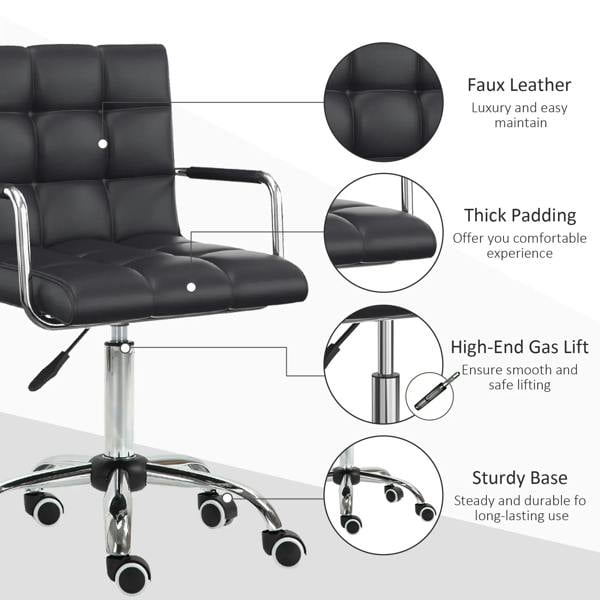 Black PU leather-look office chair with padded seat, chrome base, and wheels