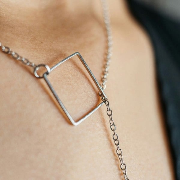 The Colourful Aura Two Square Drop Lariat Y Shape Interlock Rectangle Bar Lariat Drop Necklace