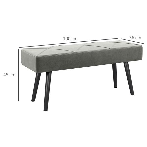 Grey upholstered bench with padded top and dark steel legs, front angle view
