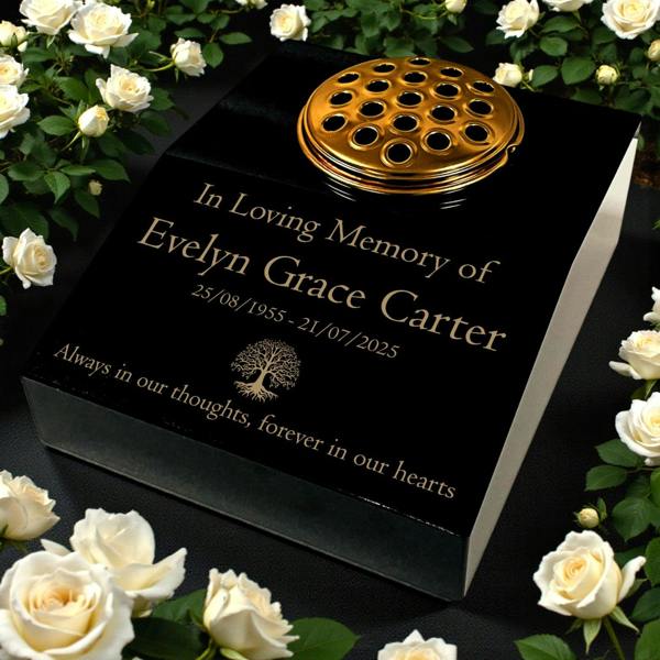 Memorials Direct Black Granite Sloping Memorial Desk with Vase – Tree of Life, Free Gold Engraving