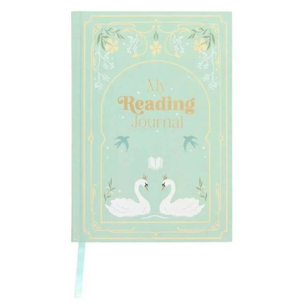 A5 reading journal notebook, mint cover with swans, flowers, and gold title text.