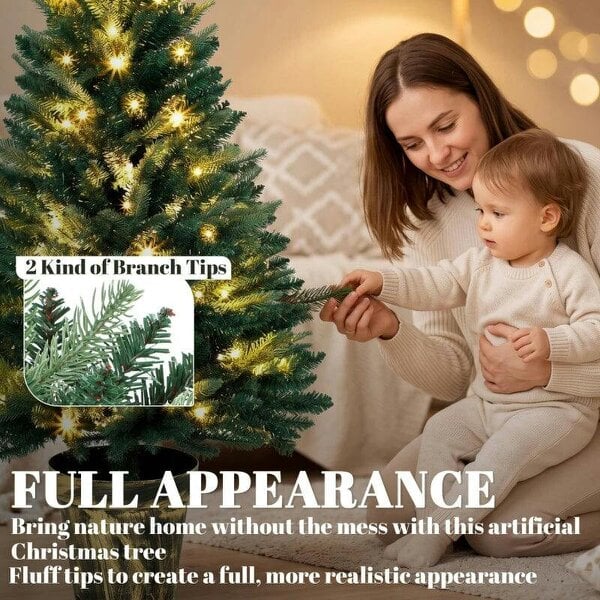 Bobobiy Realistic Xmas Tree, 4ft Prelit Artificial Christmas Tree with 80 Lights, Green