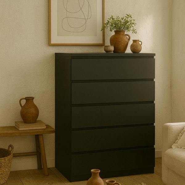 Wyld Haus Budapest Matt Black Wooden Chest 5 Drawers