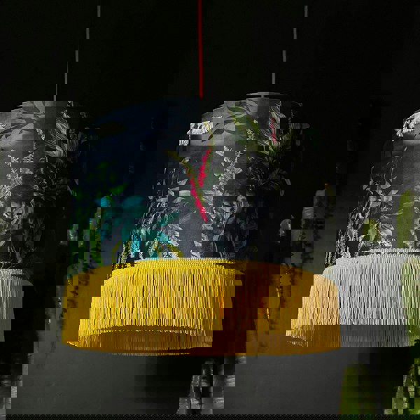 Handmade Fringed Velvet Lampshade with Gold Lining in Carbon Black and Sunshine Yellow Fringing