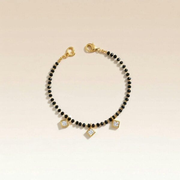 The Colourful Aura Black Beaded Mangalsutra Square Dangle Zircon Nazar bracelet