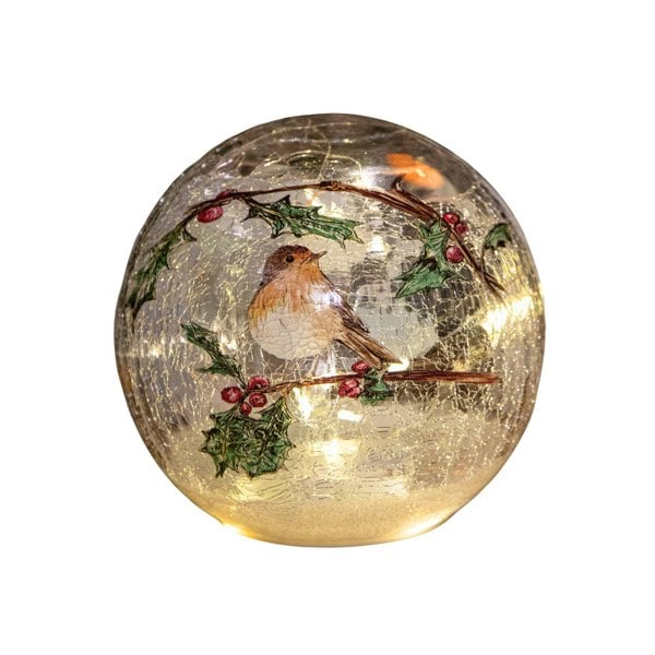 Samuel Alexander 15cm Battery Operated Light up Robin Crackle Glass Ball with 12 Warm White LEDs
