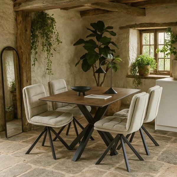 Wyld Haus Perth Dining Set 4 Seater Ceramic Rusty Brown Dining Table + 4 Beige Dining Chairs