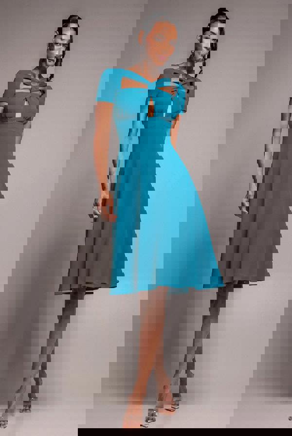 Scuba Crepe Twist Cutout Midi Dress - Teal Blue DR4351