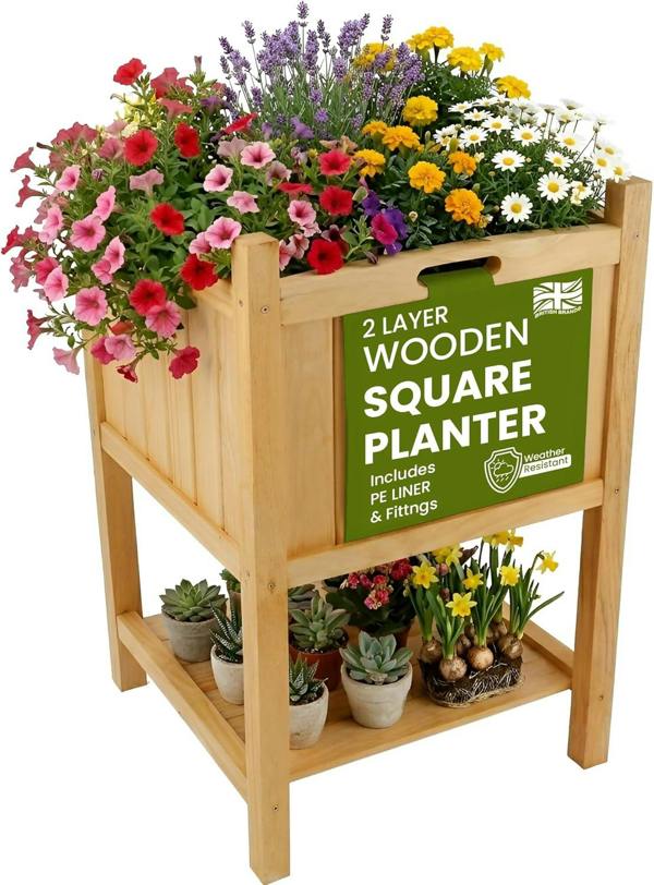 My Garden Outdoor Living My Garden Planter with Storage Shelf & PE Liner – 50 x 50 x 85cm Free Standing Square Wooden Planter for Indoor & Outdoor