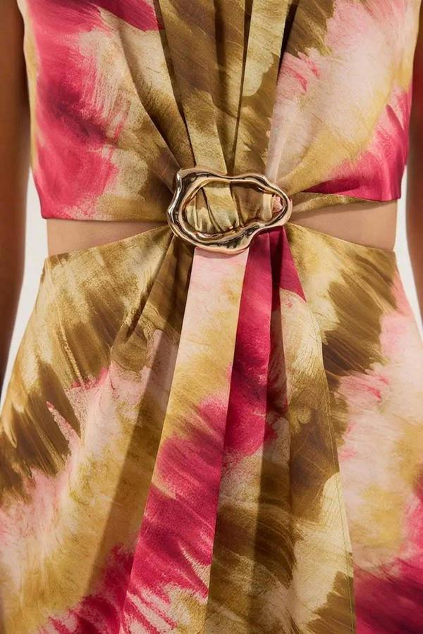 WOVCOR Abstract Patterned Maxi Woven Dress with Waist Detail