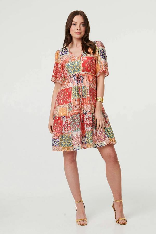 Red | Patchwork 1/2 Sleeve Knee Length Dress
