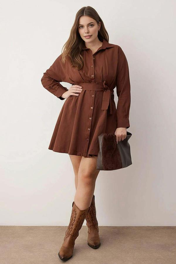 WOVCOR Mini Woven Belted Plus Size Shirt Dress