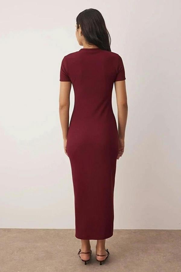 WOVCOR Ottoman Stand Collar Midi Knit Dress with Button Detail