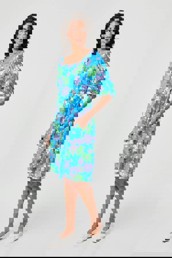 Green | Floral Square Neck Knee Length Dress
