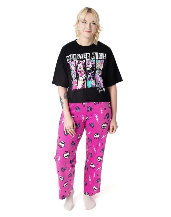 Monster High Womens Black Group Pose Short Sleeve Long Leg Pyjama Set